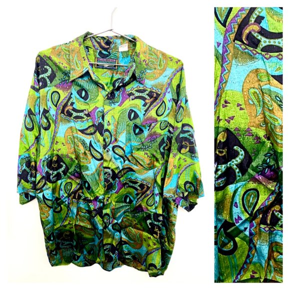 Other - Vintage SS Button Down Rayon Shirt in Peacock Pattern - Sz XL